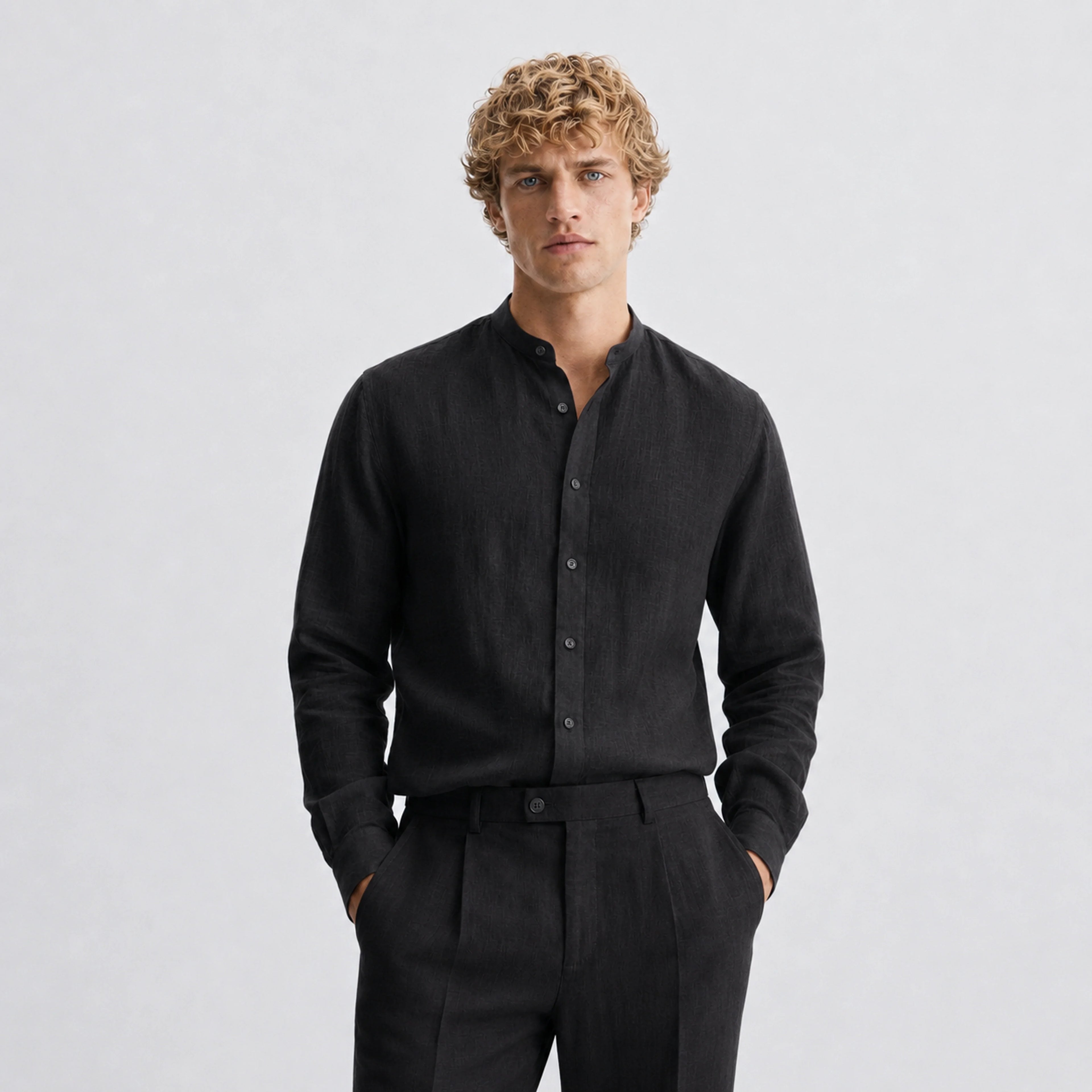MANDARIN LINEN SHIRT BLACK